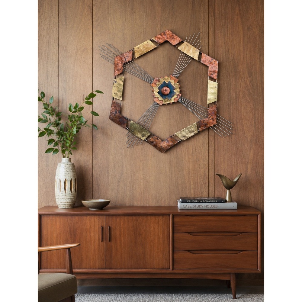 Mid Century Modern Brutalist Hexagon Wall Sculpture Mixed Metal Copper Brass Art